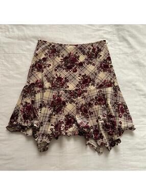 Japanese brand tan and burgundy velvet Floral plaid ruffle skirt Size small